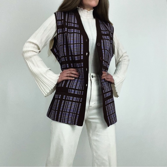 Vintage Pure Wool Gina Teresa Button-Front Plaid Knit Vest in Purple & Brown | L - Picture 4 of 10